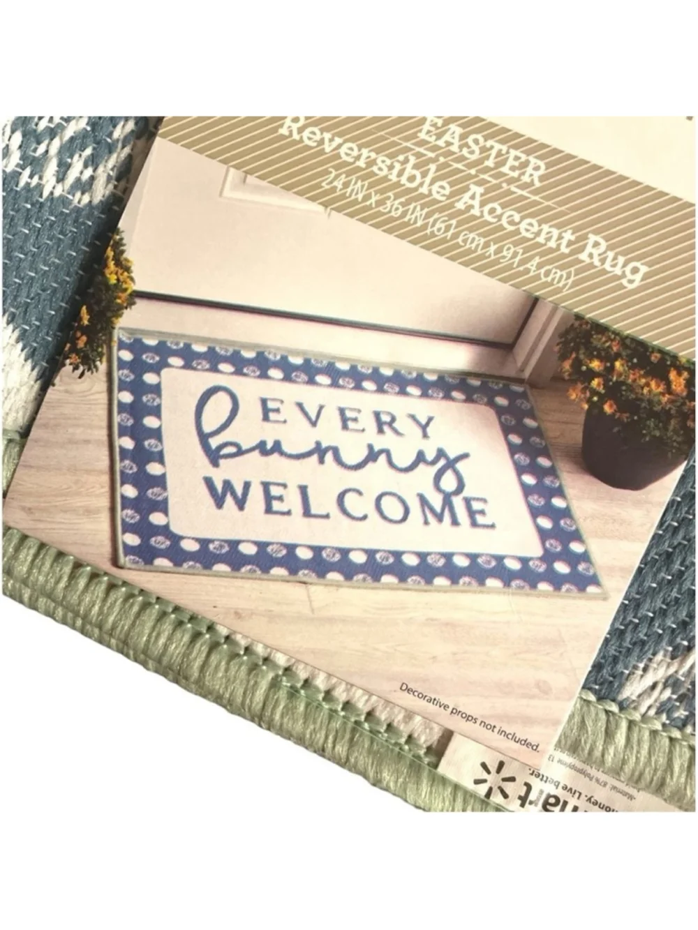 Reversible Rug Accent Welcome Plaid Easter Spring Bunny Rabbit Way To Celebrate